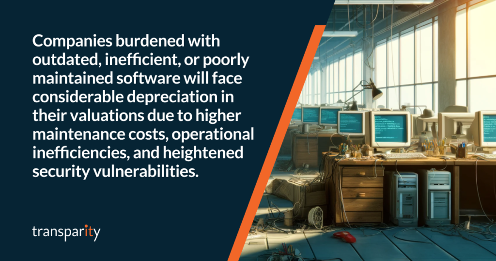 Companies burdened with outdated, inefficient, or poorly maintained software will face considerable depreciation in their valuations due to higher maintenance costs, operational inefficiencies, and heightened security vulnerabilities.